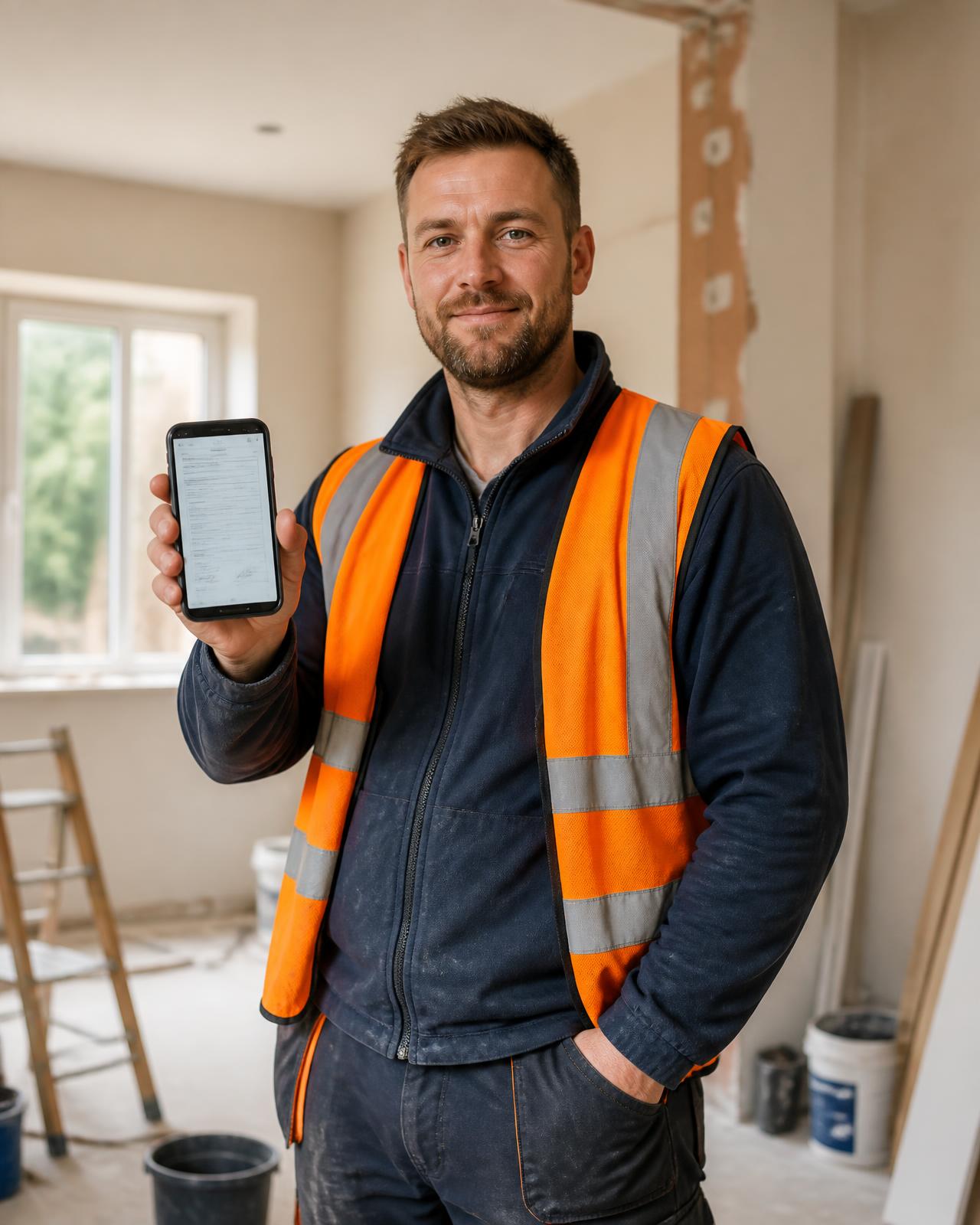 Tradesperson on site holding a phone showing a professional quotation